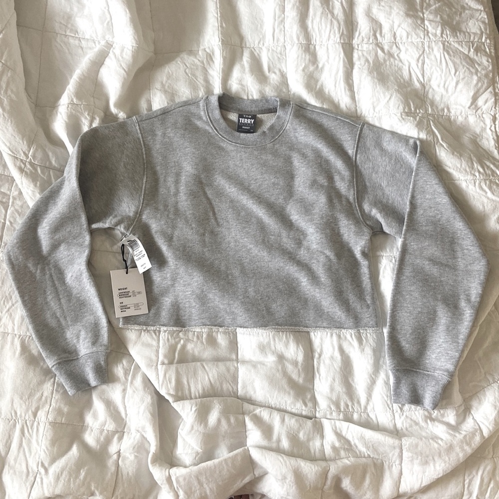 NWT Tna Cozy Terry Fleece Perfect Crop Crewneck Sweatshirt Heather Chrome